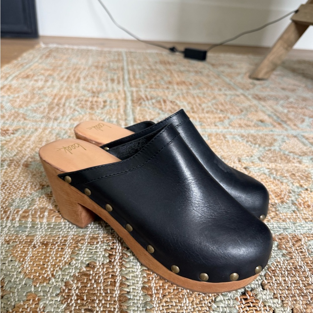 Beek Black Mules with Wooden Sole and Studded Detail